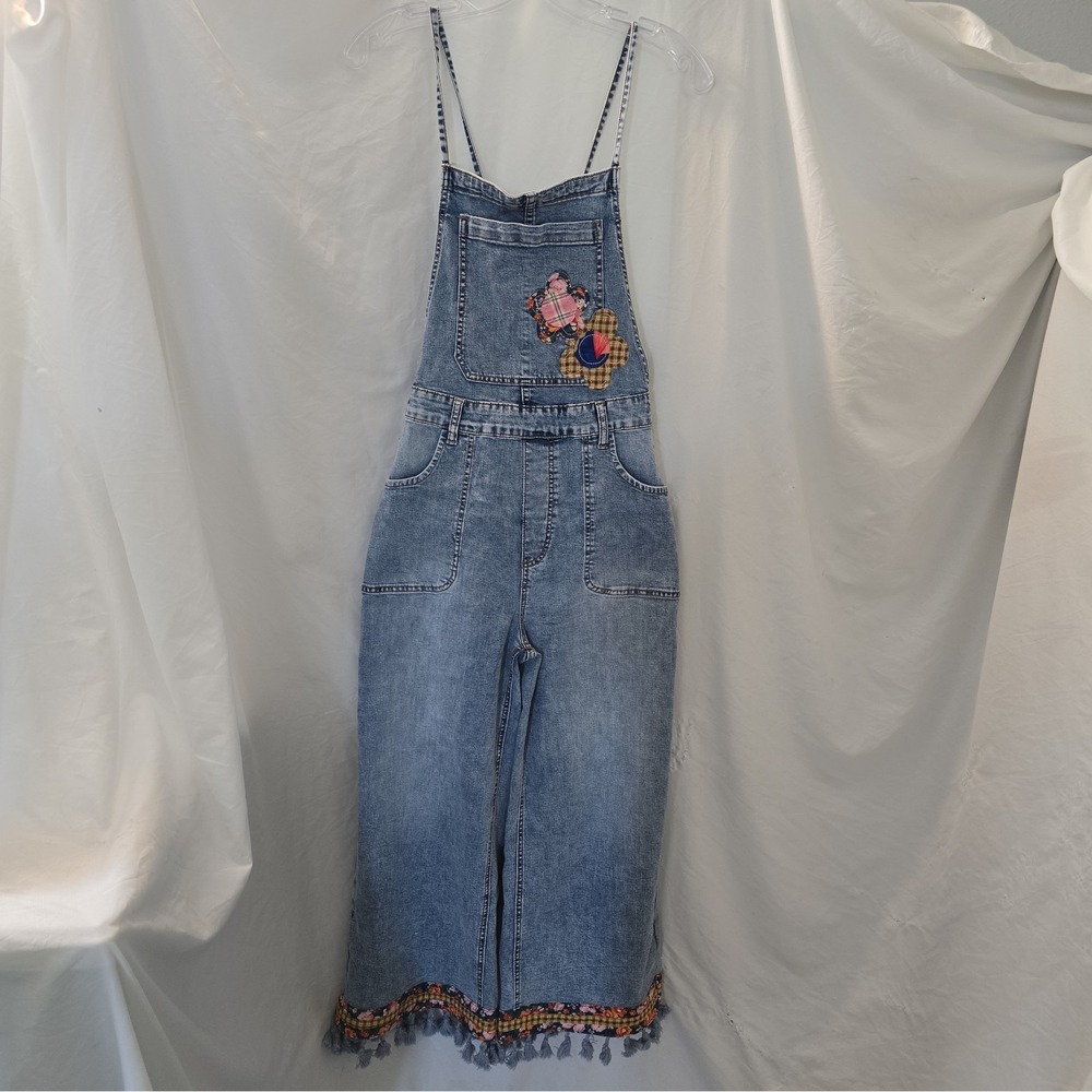 Easel Flower Patch Wide Leg Denim Overalls Fabric & Tassel Cuffs Sz M Boho-chic